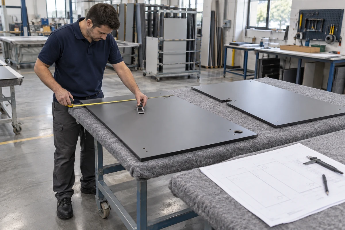 Technicien contrôlant les dimensions et perçages des panneaux