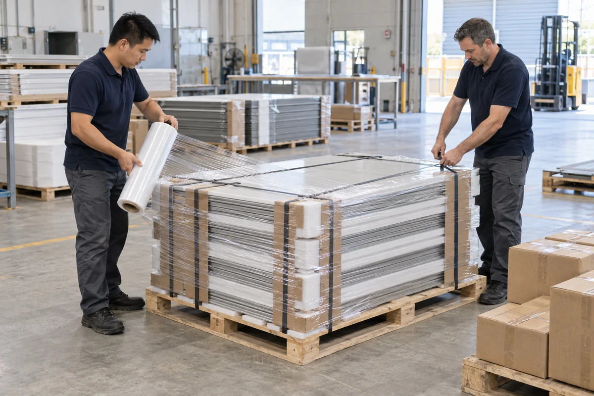 Deux techniciens en tenue identique protègent les panneaux pour l’export