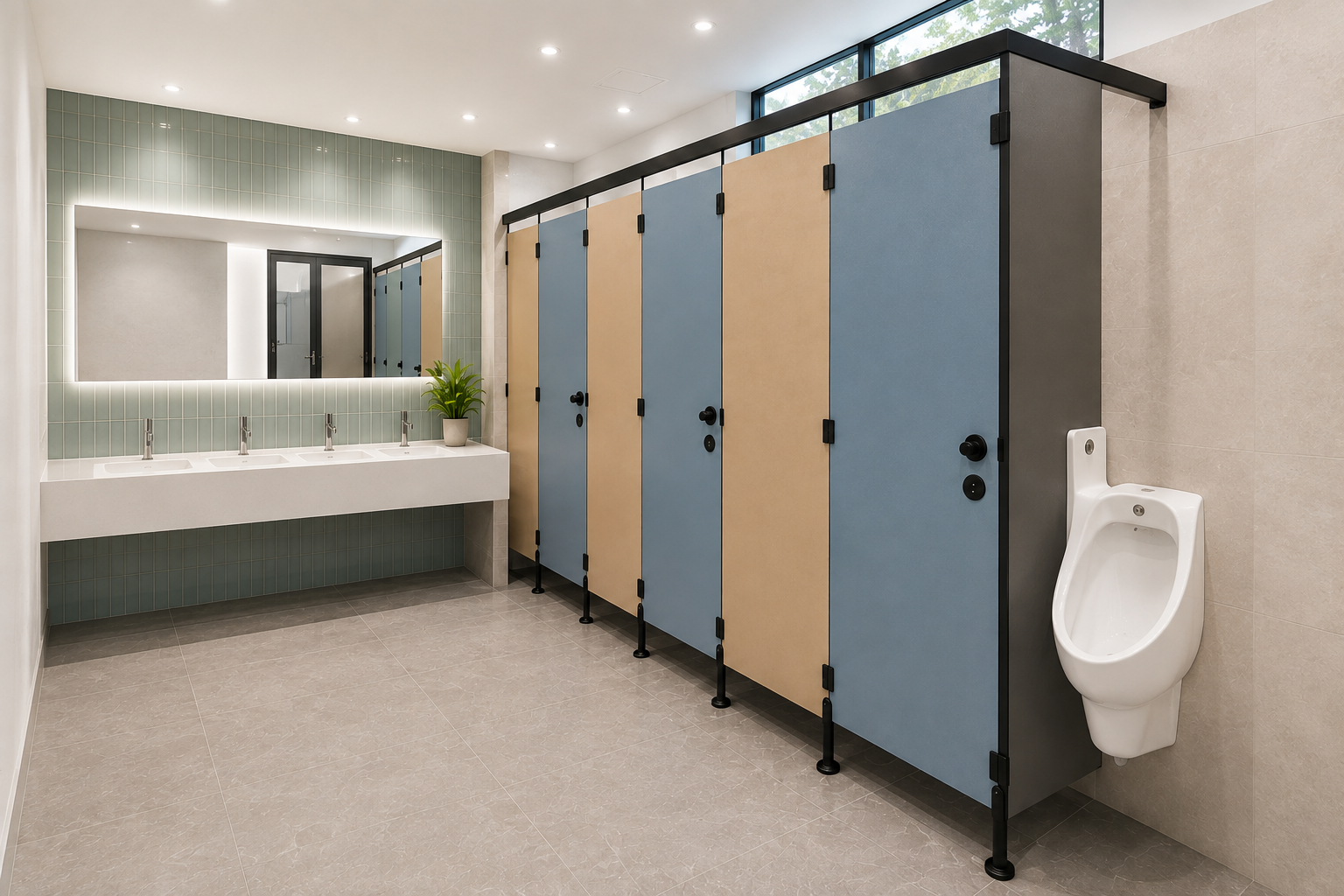 Vue illustrative de cabines sanitaires en stratifié compact bleues et beiges