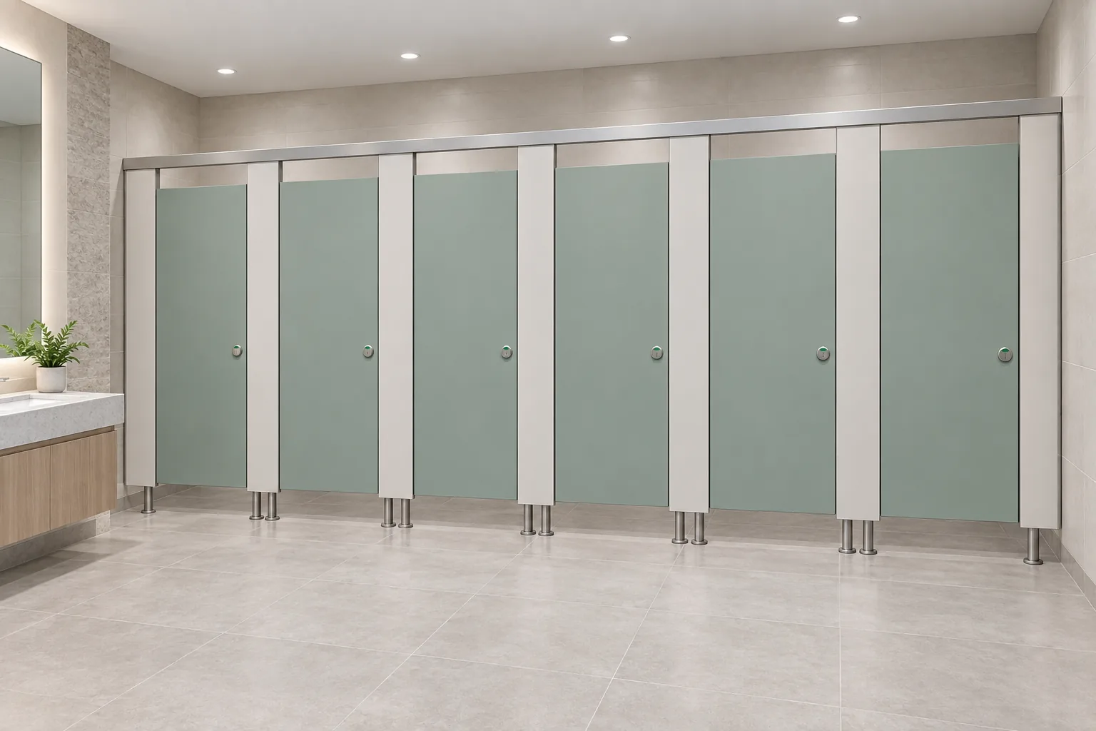 Sanitaires de santé avec six cabines complètes vert clair