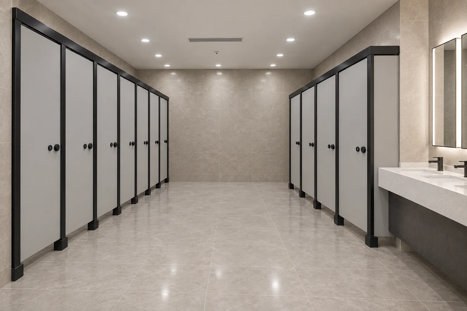 Sanitaires publics avec cabines gris clair ouvrant vers l’intérieur, sept à gauche et quatre à droite près de deux lavabos