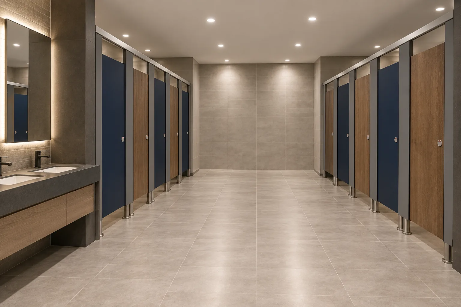 High-capacity public service-area washroom with opposing cubicle banks