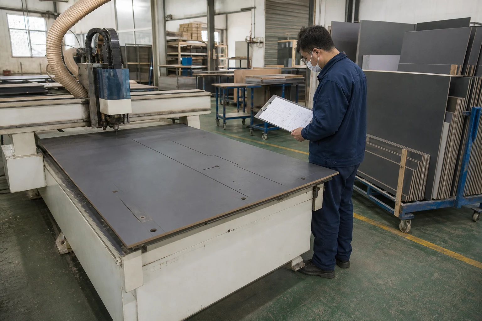Technicien coordonnant les panneaux stratifiés compacts avec le plan du projet