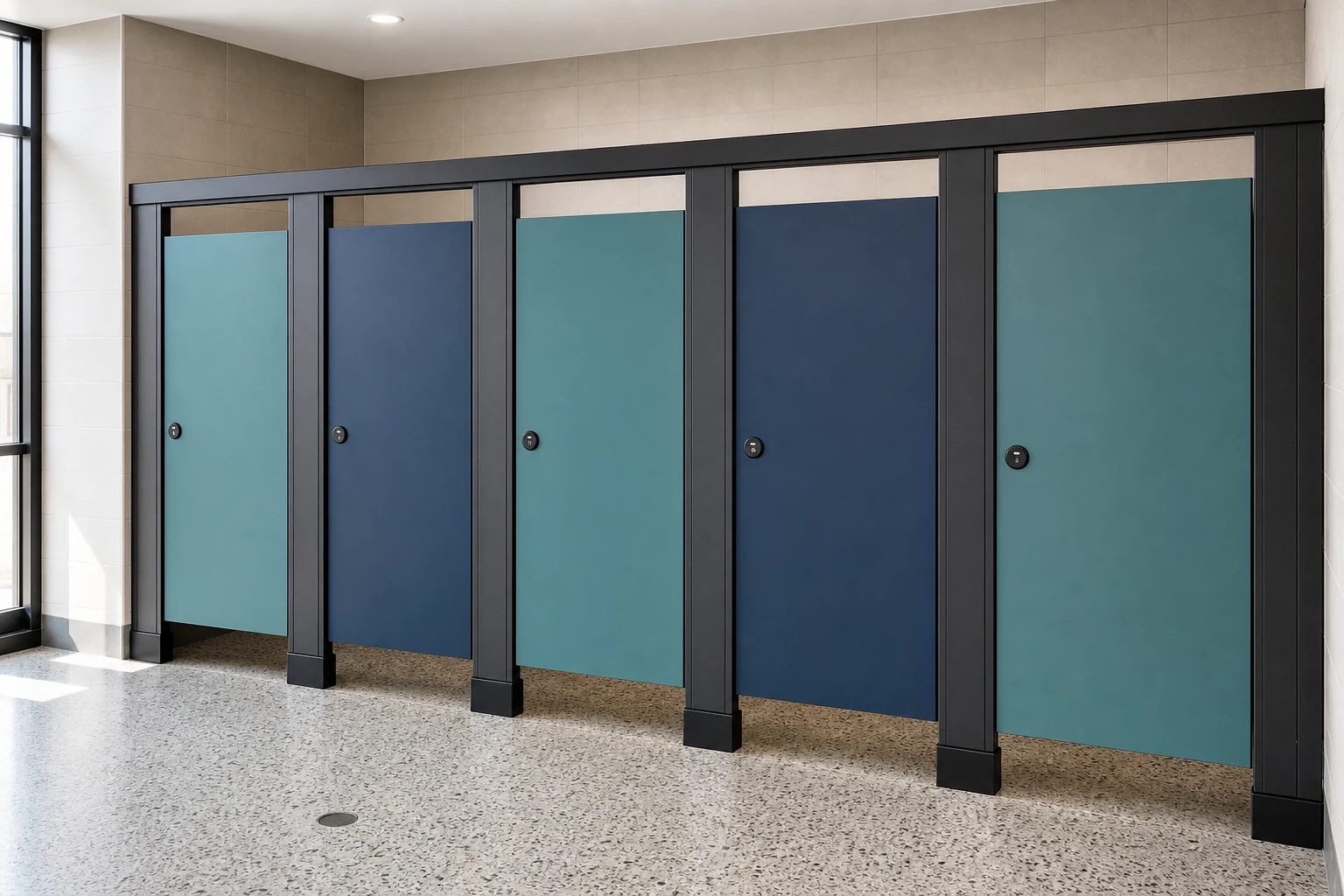 Illustration de cloisons en stratifié compact pour douches et vestiaires