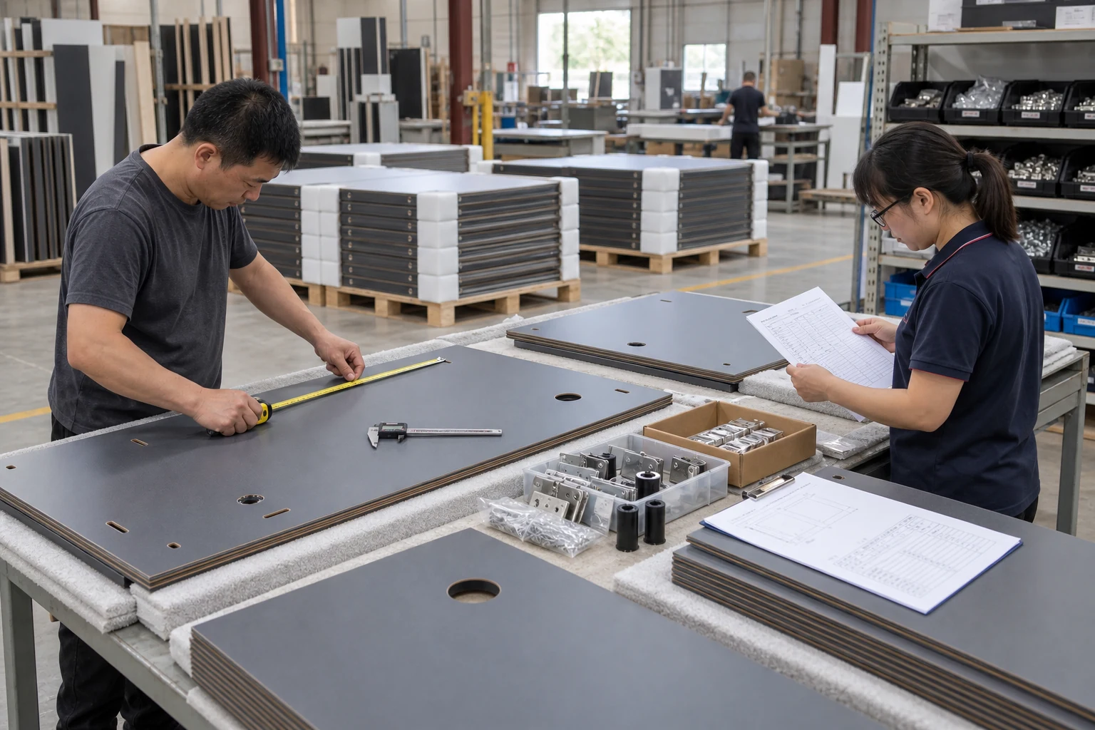 Factory quality control inspection of finished partition panels and hardware kits