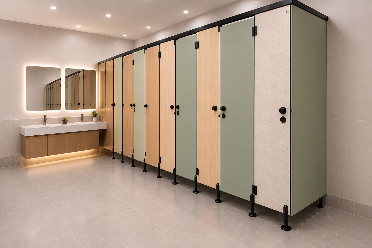 Vue illustrative de cabines sanitaires en stratifié compact aux finitions vertes et bois