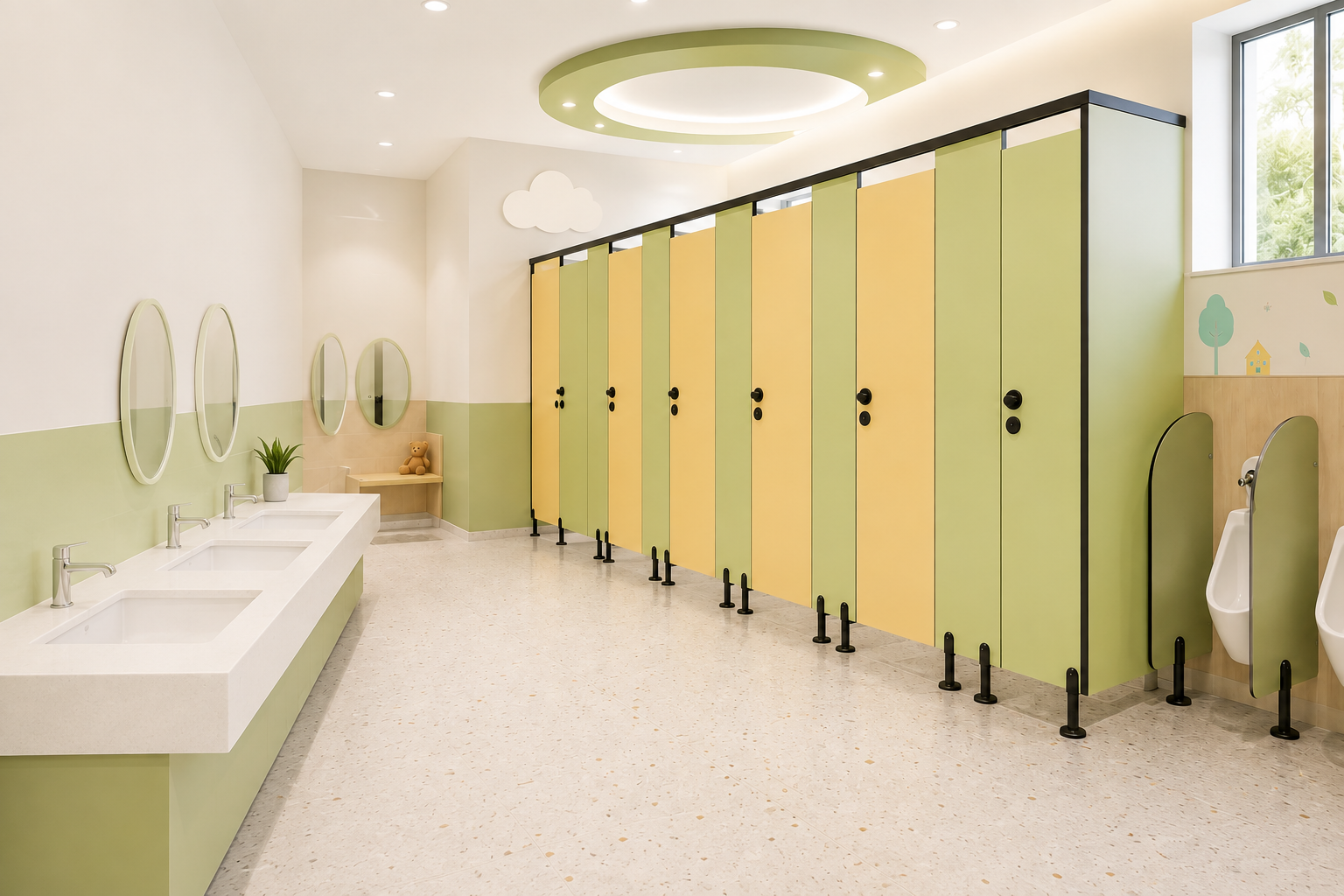 Vue illustrative de sanitaires scolaires adaptés aux enfants avec des cabines sanitaires colorées