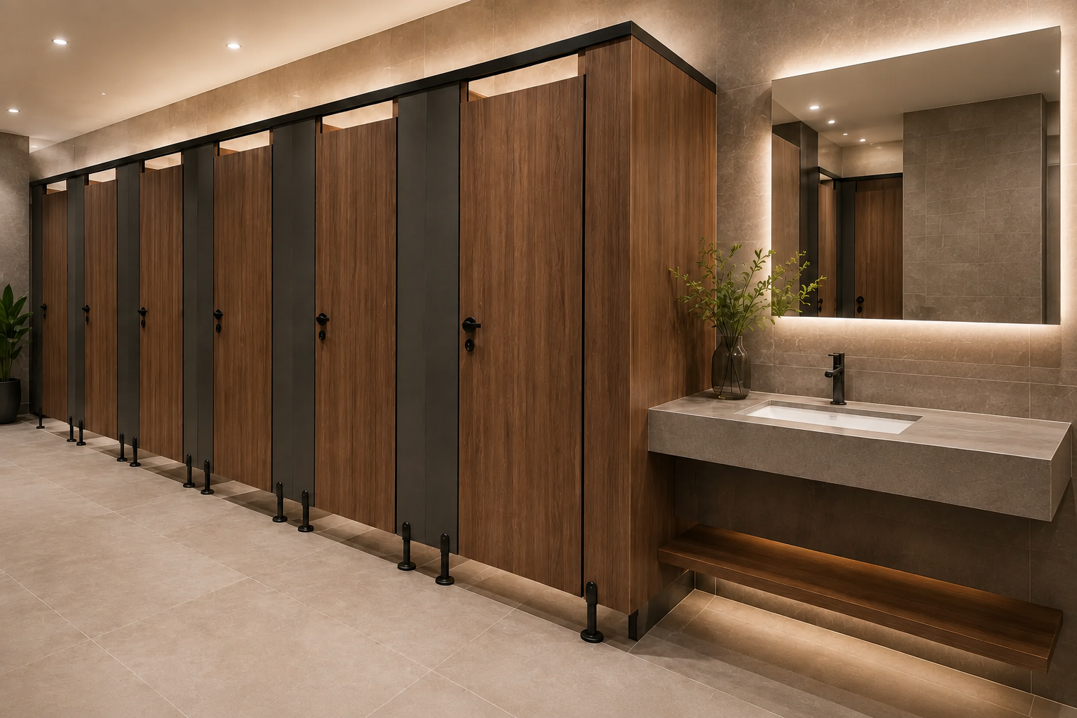 Vue illustrative de cabines sanitaires HPL finition noyer dans des sanitaires commerciaux