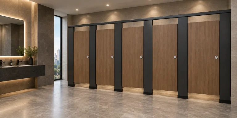 Cinq cabines sanitaires effet bois de hauteur standard dans des sanitaires commerciaux haut de gamme