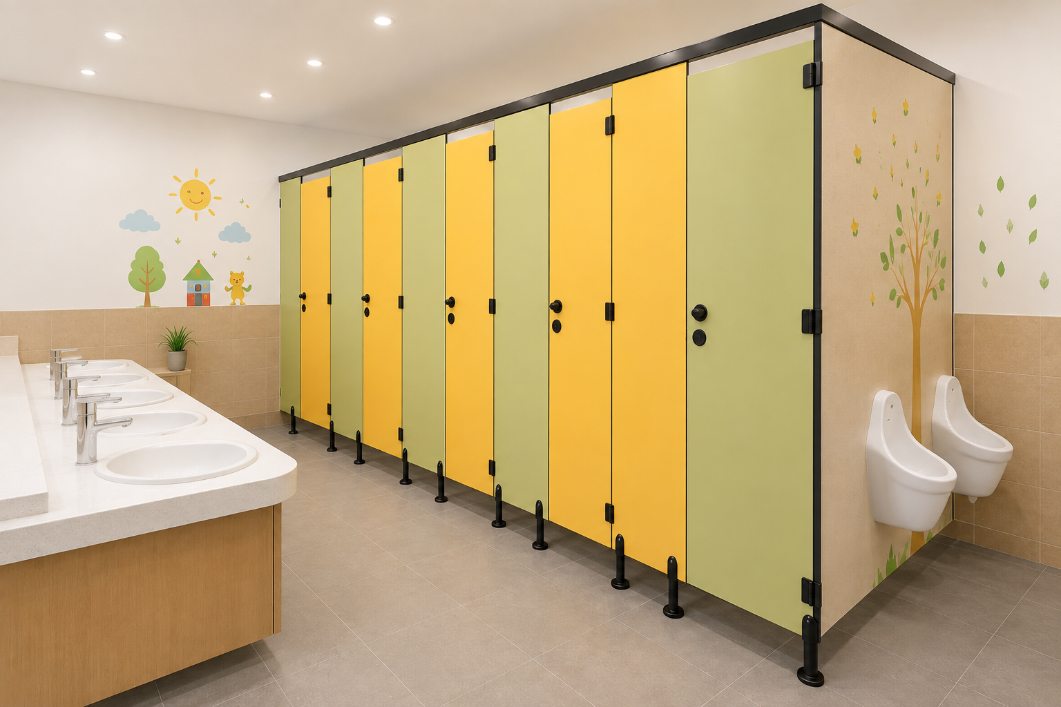 Vue illustrative de cabines sanitaires en stratifié compact vertes et jaunes