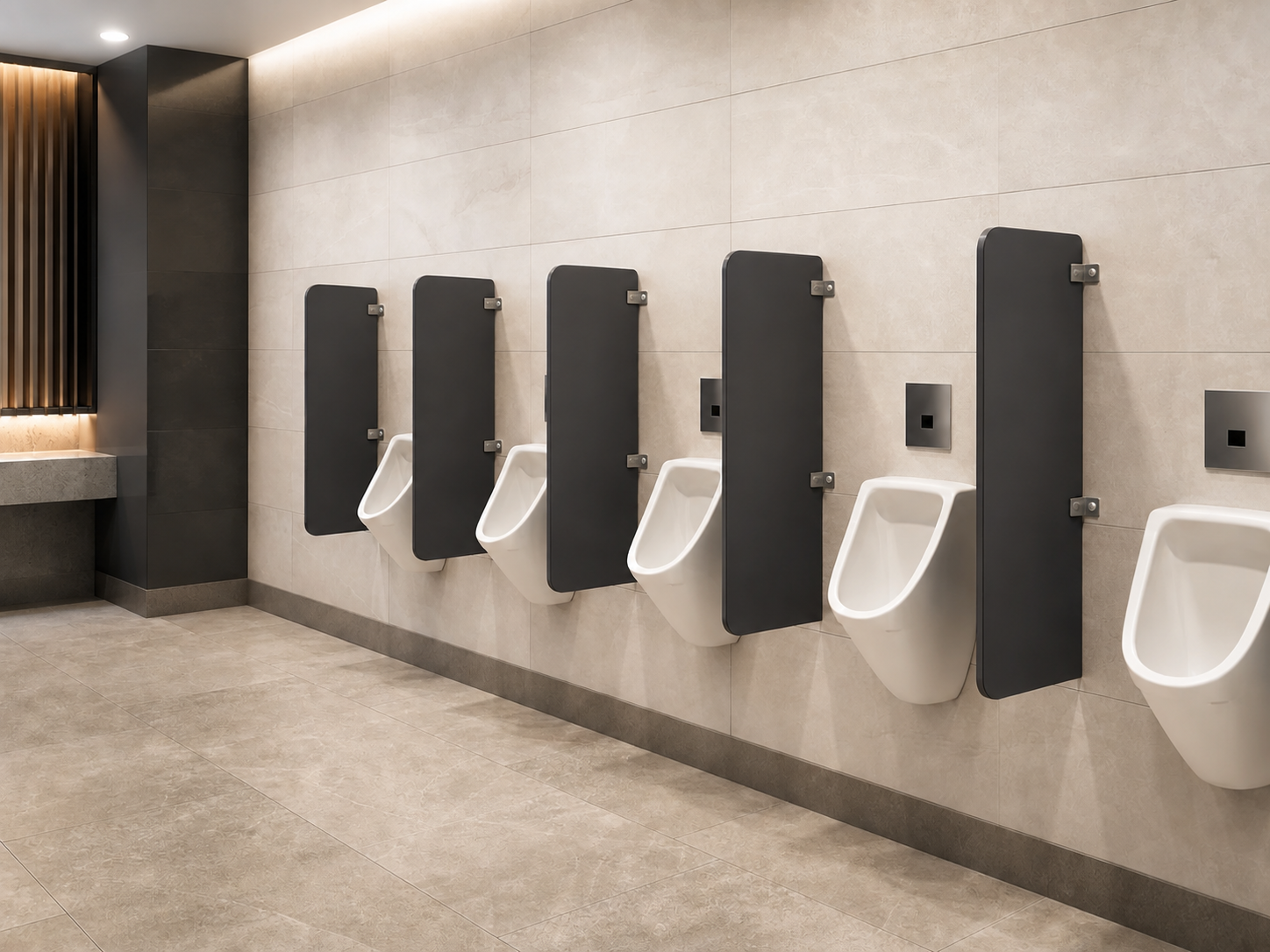 Vue illustrative de séparateurs d'urinoirs dans des sanitaires commerciaux