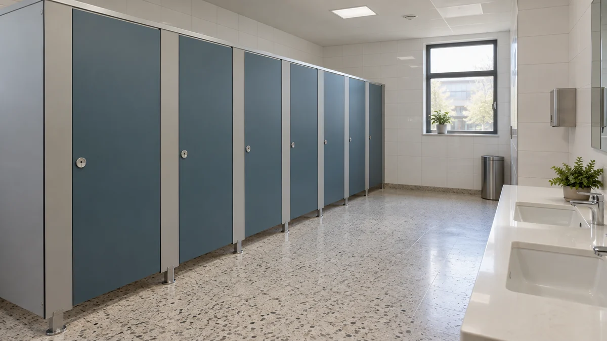 Illustration de portes bleues et de pilastres gris clair dans des sanitaires de bureaux