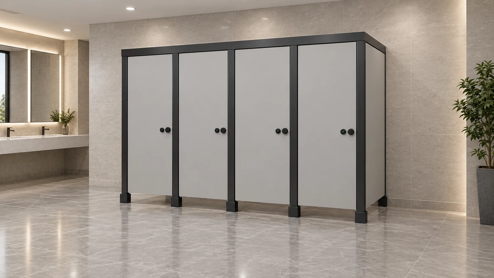 Quatre cabines sanitaires commerciales gris clair avec poteaux sombres et pieds de support