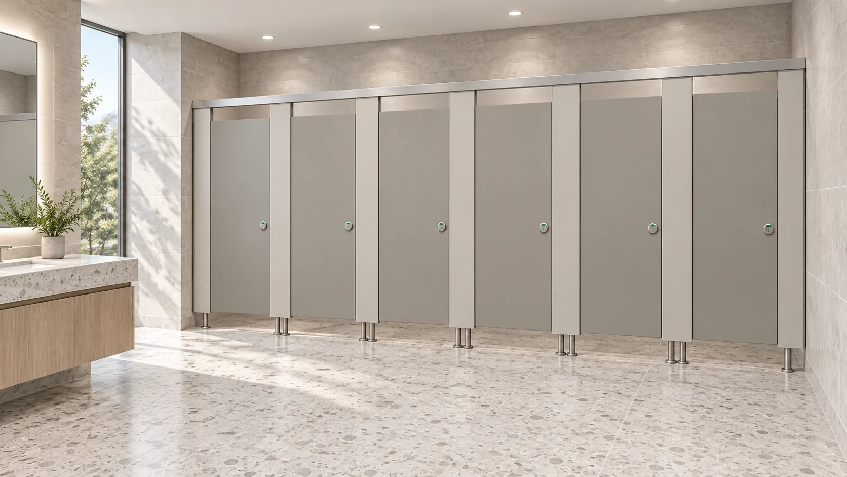 Six cabines sanitaires commerciales grises avec rail supérieur et supports à piédestal