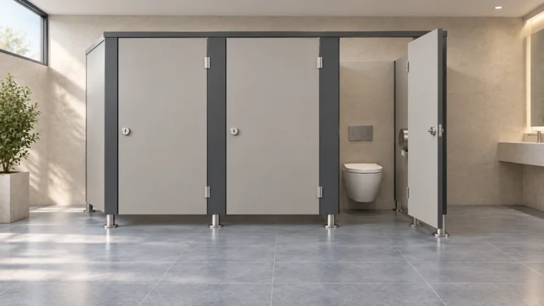 Trois cabines sanitaires grises avec une porte ouverte et des montants foncés
