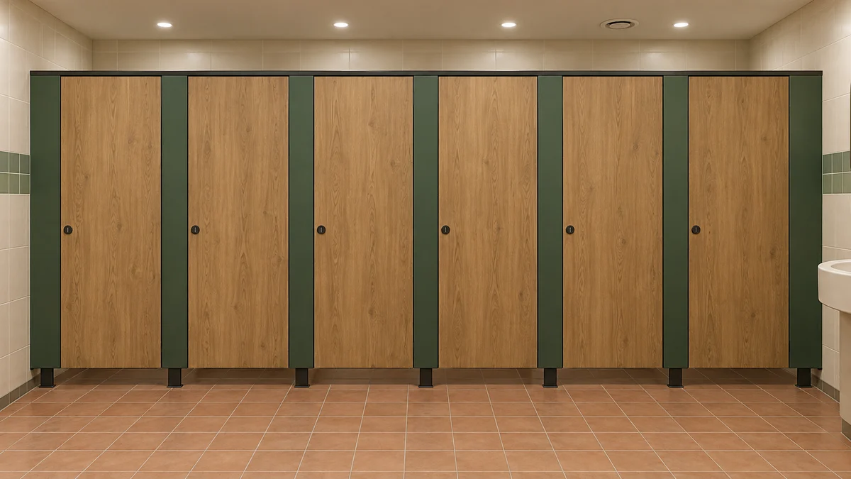 Illustration de portes de cabines sanitaires à finition chêne et de pilastres verts