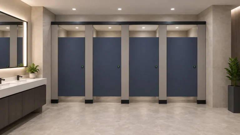Quatre cabines sanitaires bleu marine avec montants gris et pieds noirs