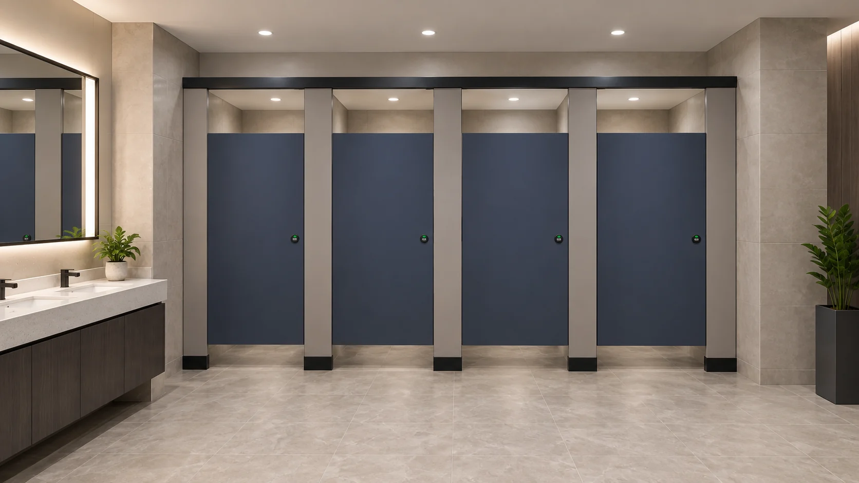 Quatre cabines sanitaires commerciales bleu marine avec poteaux gris et pieds de support noirs