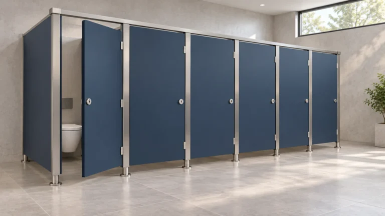 Six cabines sanitaires bleu marine avec une porte ouverte et des montants métalliques