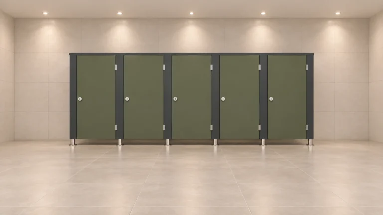 Cinq cabines sanitaires vert olive avec portes fermées et montants foncés