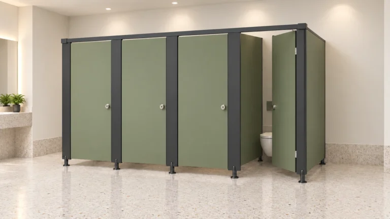 Quatre cabines sanitaires vert olive avec une porte ouverte et des montants foncés