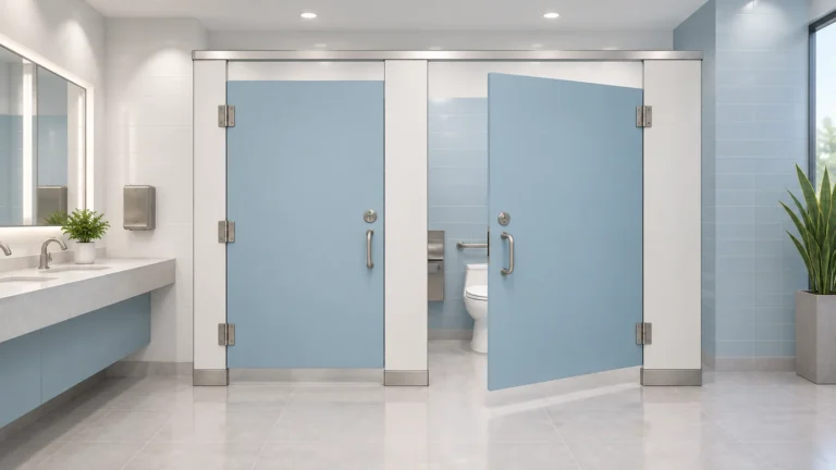 Deux cabines sanitaires bleu clair avec traverse et une porte ouverte vers l’extérieur