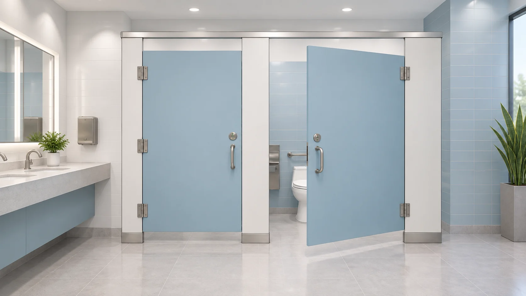 Deux cabines sanitaires bleu pâle avec rail supérieur argenté et une porte s'ouvrant vers l'extérieur