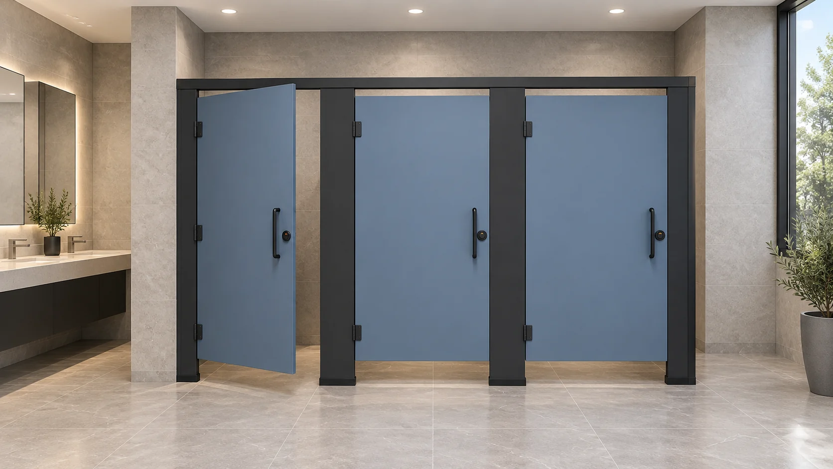 Trois cabines sanitaires commerciales bleu ardoise avec une porte ouvrant vers l'extérieur