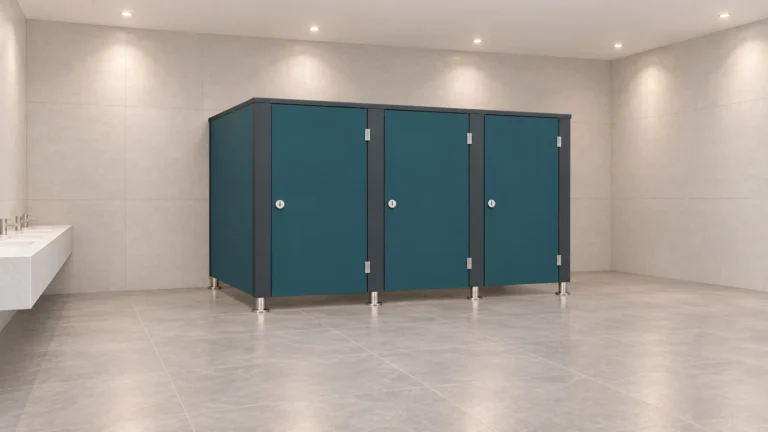 Trois cabines sanitaires bleu pétrole à portes fermées et montants foncés