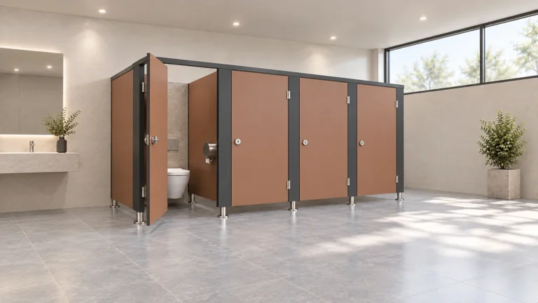 Quatre cabines sanitaires de couleur terre cuite avec une porte ouverte et des montants foncés
