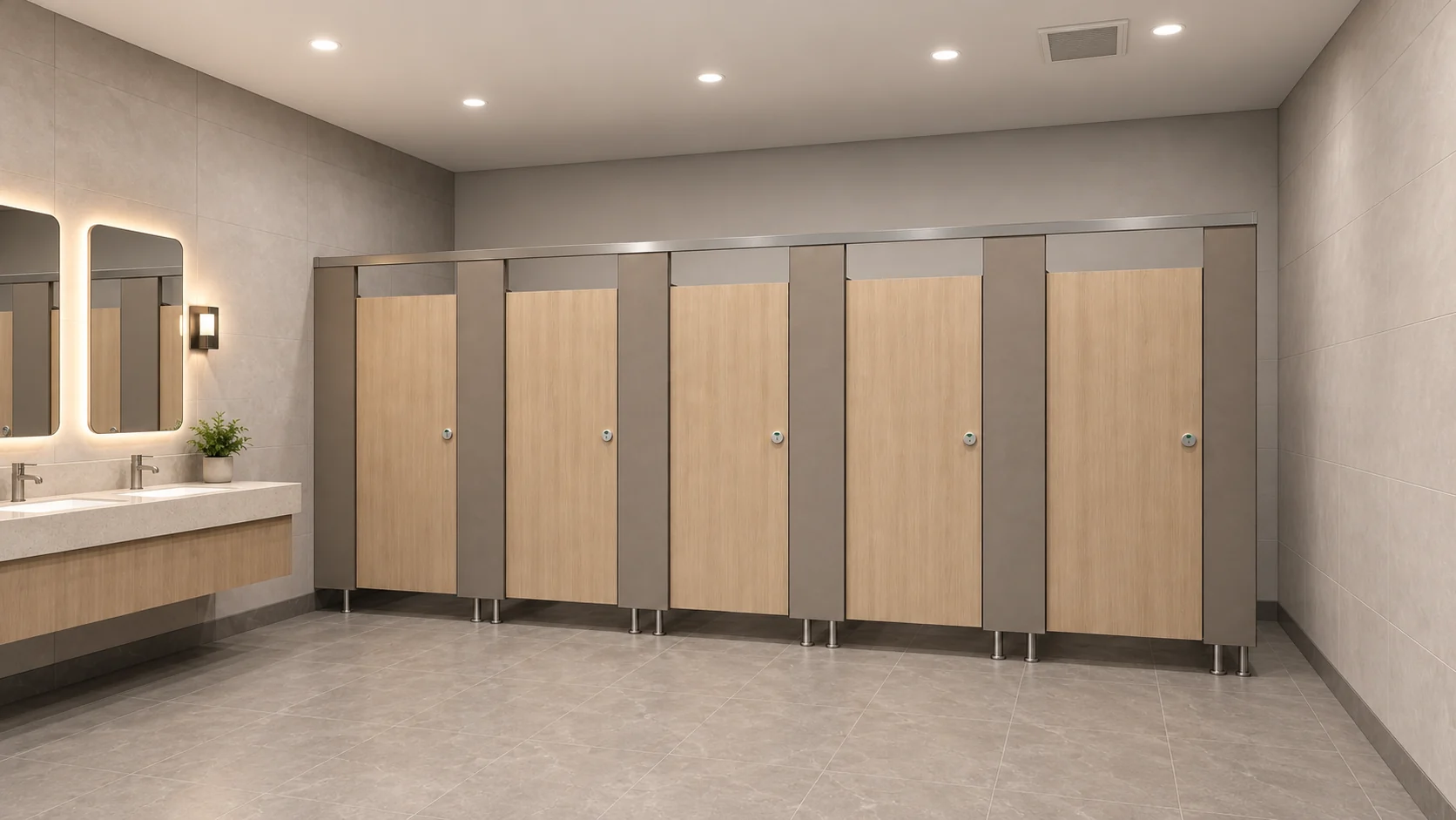 Cinq cabines sanitaires commerciales à finition veinée bois avec rail supérieur et supports sur pied